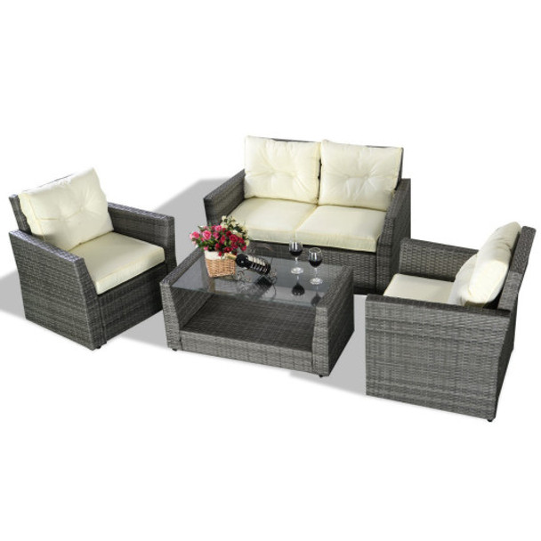 4 pcs Rattan Patio Cushioned Sofa - Gray