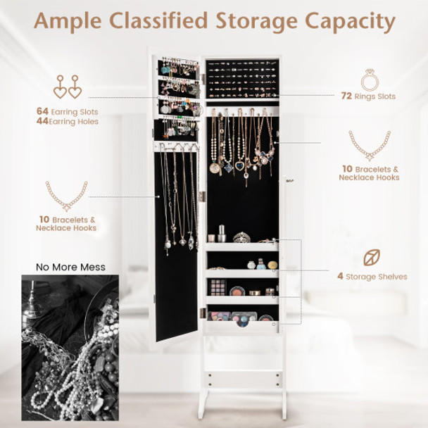 Mirrored Standing Jewelry Cabinet Storage Box-White