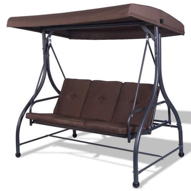 3 Seats Converting Outdoor Swing Canopy Hammock with Adjustable Tilt Canopy-Brown