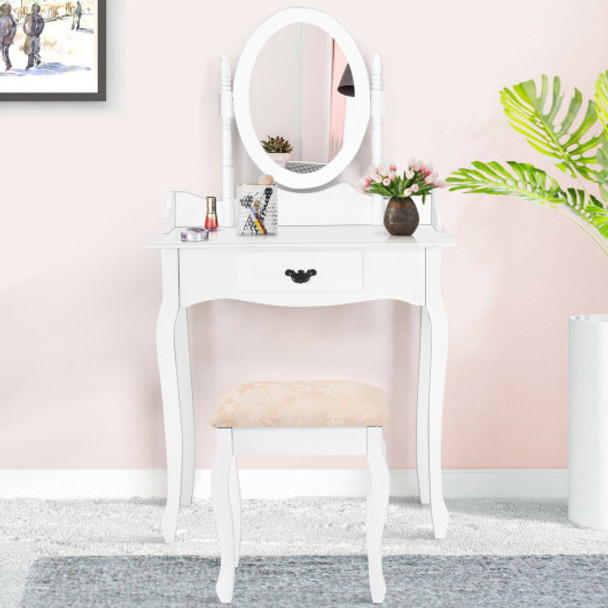 Wooden Vanity Makeup Set with Cushioned Stool and Oval Rotating Mirror