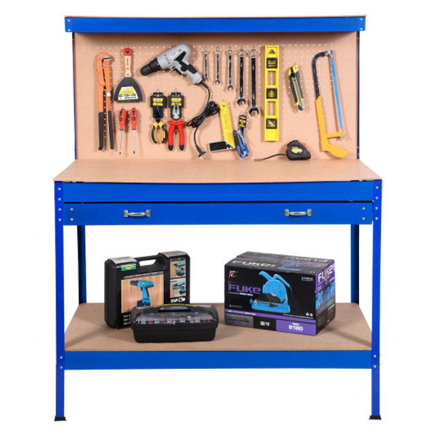 Blue Work Bench Tool Storage Steel Tool Workshop Table W/ Drawer and Peg Board