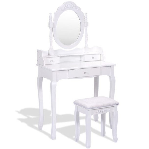 Vanity Table Set with Cushioned Stool with 360° Rotating Oval Mirror and Three Drawers-White