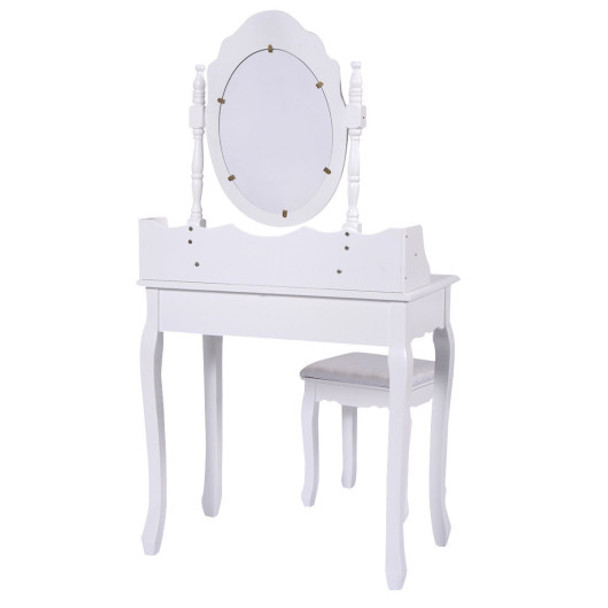 Vanity Table Set with Cushioned Stool with 360° Rotating Oval Mirror and Three Drawers-White