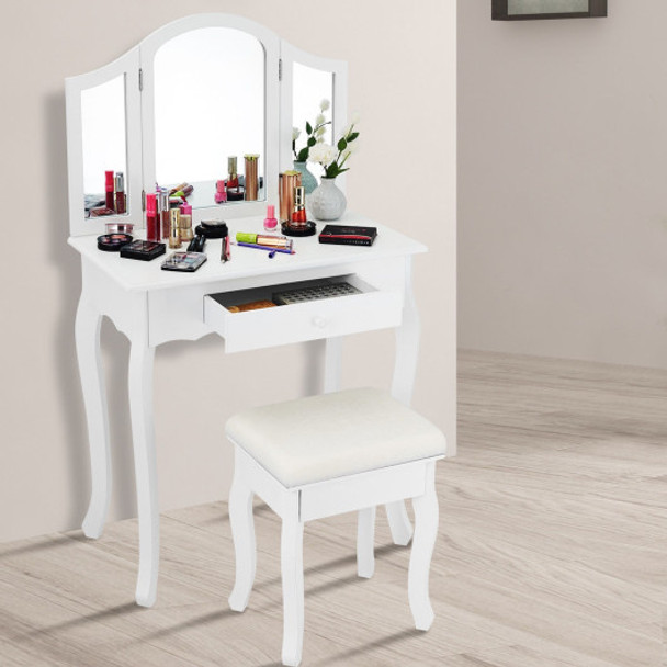 Vanity Makeup Dressing Table Set with Tri-Folding Mirror and Drawer-White