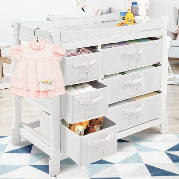 Sleigh Style Baby Changing Table Diaper 6 Basket Drawer Storage Nursery-White