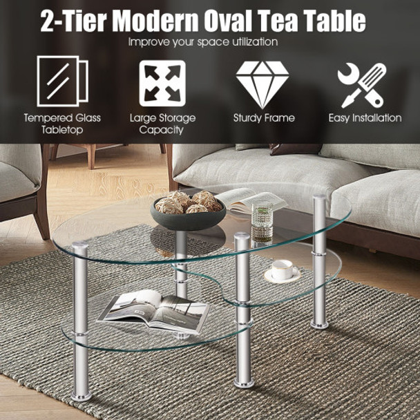 Tempered Glass Oval Side Coffee Table-Transparent