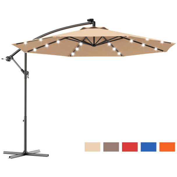 10 Feet Patio Hanging Solar LED Umbrella Sun Shade with Cross Base-Beige