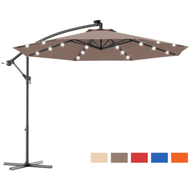 10 Feet Patio Hanging Solar LED Umbrella Sun Shade with Cross Base-Tan