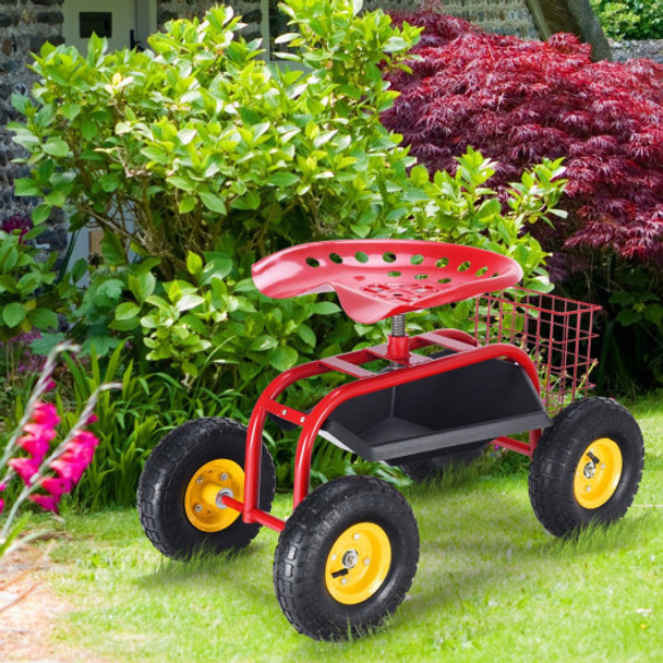 Red/Green Garden Cart Rolling Work Seat With Heavy Duty Tool Tray Gardening Planting-Red