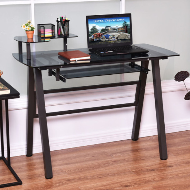 Glass Top Computer Desk with Printer Shelf