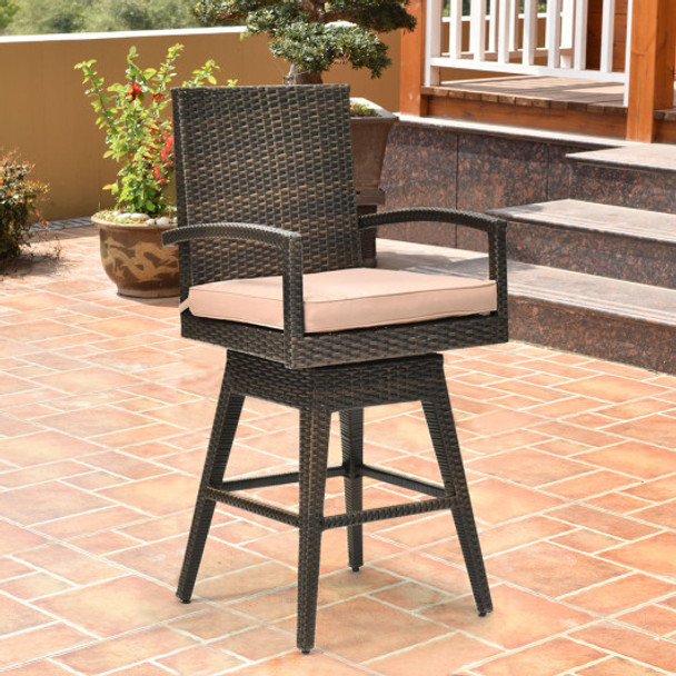 Outdoor Wicker Swivel Bar Stool Chair w/ Seat Cushion