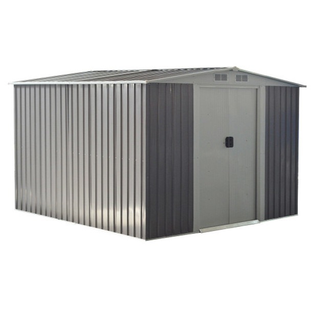8x8 ft Outdoor Garden Galvanized Steel Storage Shed with Sliding Door-Gray