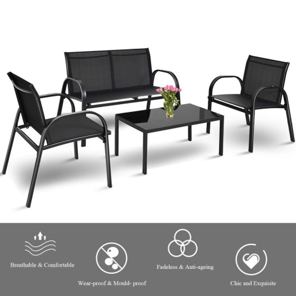 4 Pieces Patio Furniture Set with Glass Top Coffee Table-Black