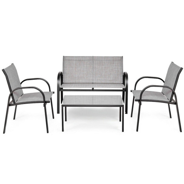 4 Pieces Patio Furniture Set with Glass Top Coffee Table-Gray