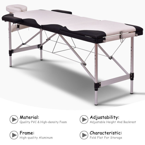 Black&White 72"L Portable Massage Table w/Free Carry Case-White