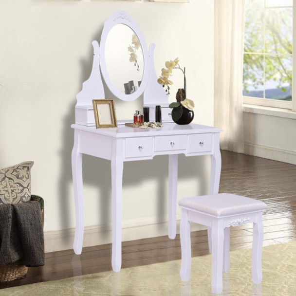 Wooden Vanity Set with 360° Rotating Oval Mirror and Cushioned Stool-White