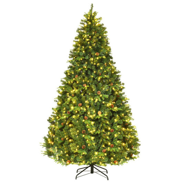 Flocked Artificial Christmas Tree with LED Lights and Pine Cones-8'