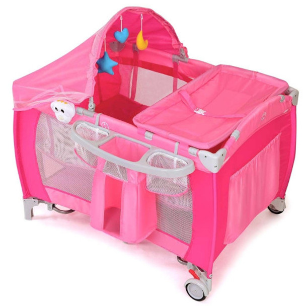 Foldable Baby Crib Playpen with Mosquito Net and Bag-Pink
