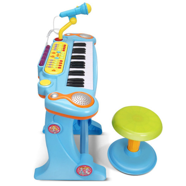 Kids Electronic 37 Key Toy Piano w/ Microphone & Stool-Pink