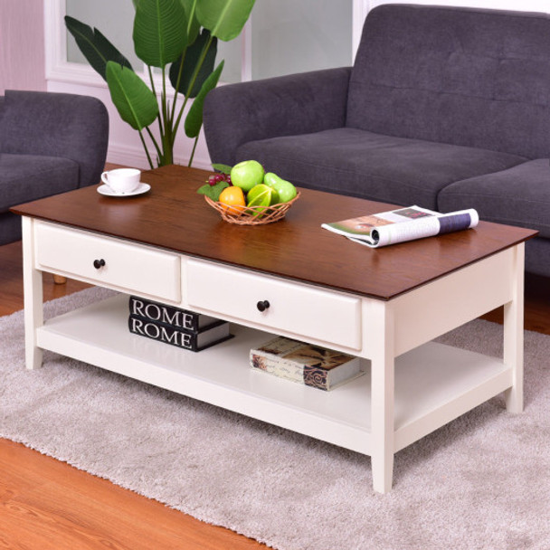 Rectangle Wood Coffee Table with Drawer & Storage Shelf
