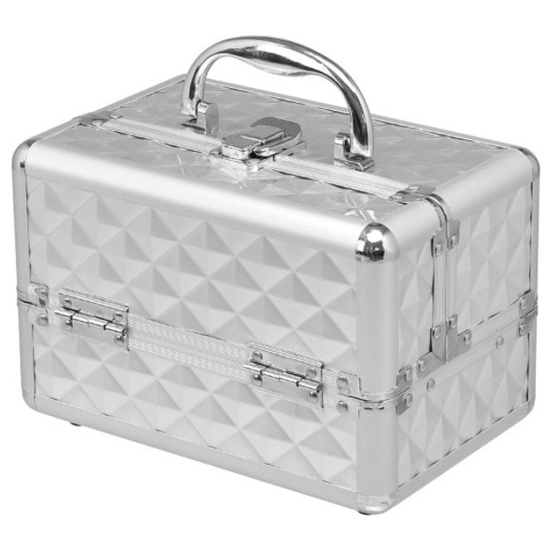 Beauty Cosmetic Makeup Case with Mirror & Extendable Trays-Silver