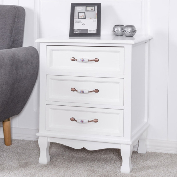 Storage Solid Wood End Nightstand w/ 3 Drawers -White