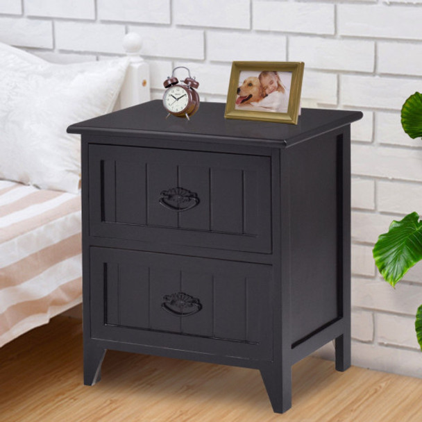 Nightstand End Side Table 2 Drawers Storage Wood Bedroom-Black