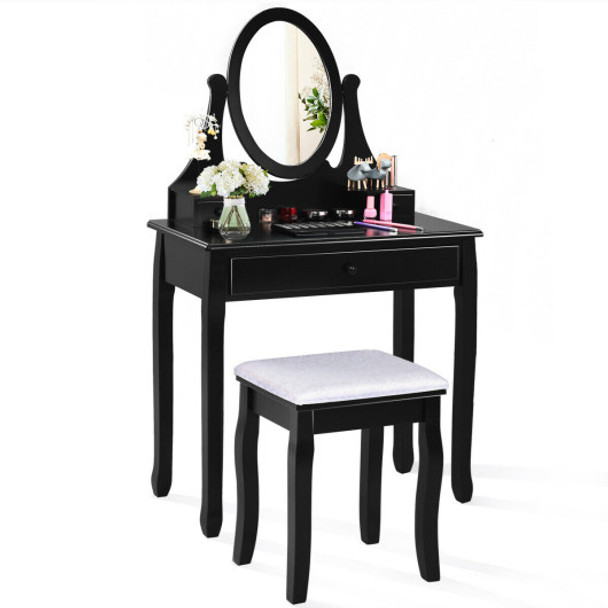 Bathroom Vanity Wooden Makeup Dressing Table Stool Set -Black