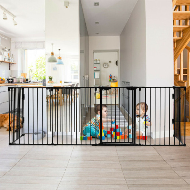 6 Panel Metal Gate Baby Pet Fence Safe Playpen Barrier-Black