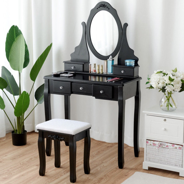 Wooden Vanity Set with 360° Rotating Oval Mirror and Cushioned Stool-Black