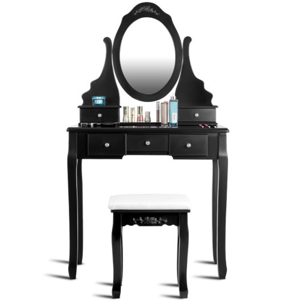 Wooden Vanity Set with 360° Rotating Oval Mirror and Cushioned Stool-Black