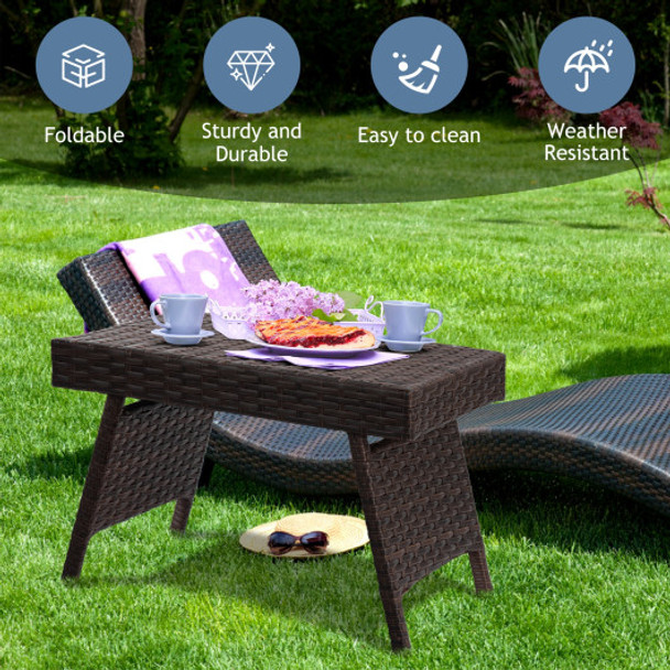 Folding PE Rattan Side Coffee Table Patio Garden Furniture