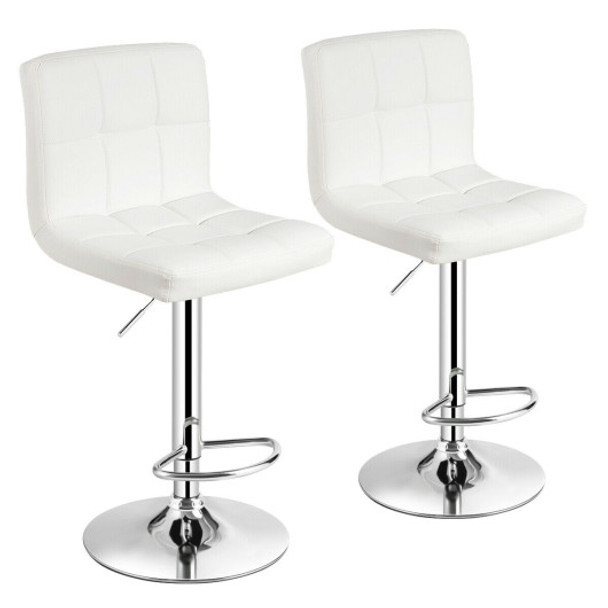 Set of 2 Square Swivel Adjustable PU Leather Bar Stools with Back and Footrest-White