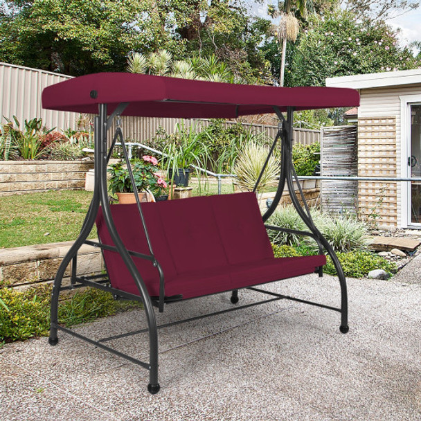 3 Seats Converting Outdoor Swing Canopy Hammock with Adjustable Tilt Canopy-Dark Red