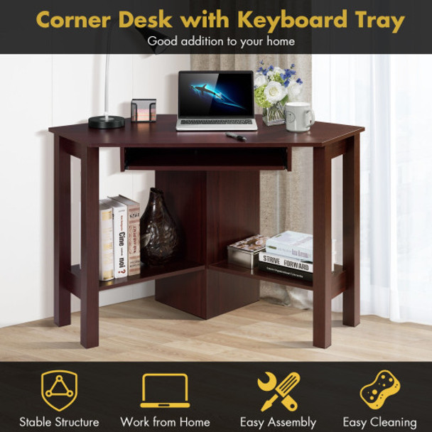 Wooden Study Computer Corner Desk with Drawer-Coffee