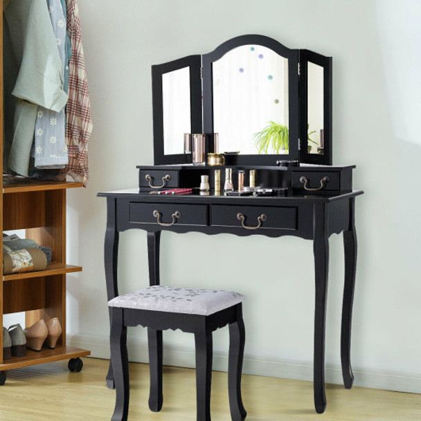 Tri Folding Mirror Makeup Dressing Vanity Set with 4 Drawers-Black