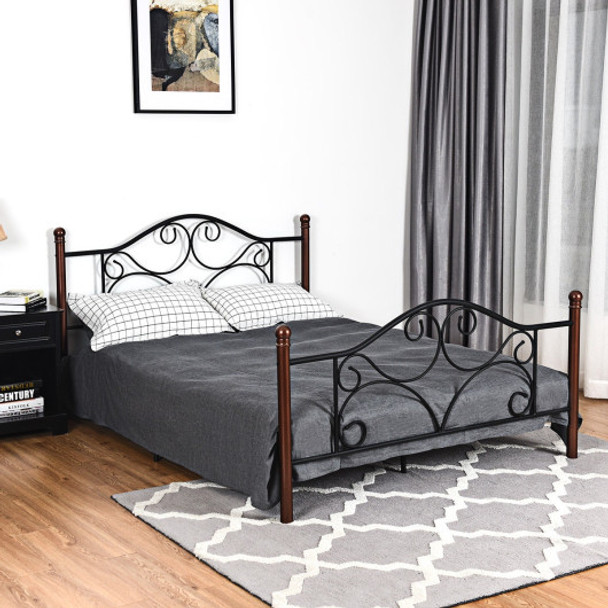 Queen Size Steel Bed Frame with Stable Platform and Metal Slats-Chocolate