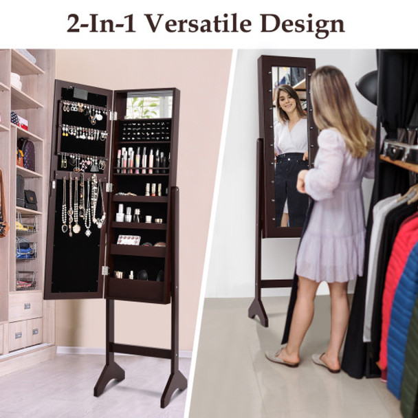 Mirrored Jewelry Cabinet Armoire Organizer w/ LED lights-Brown