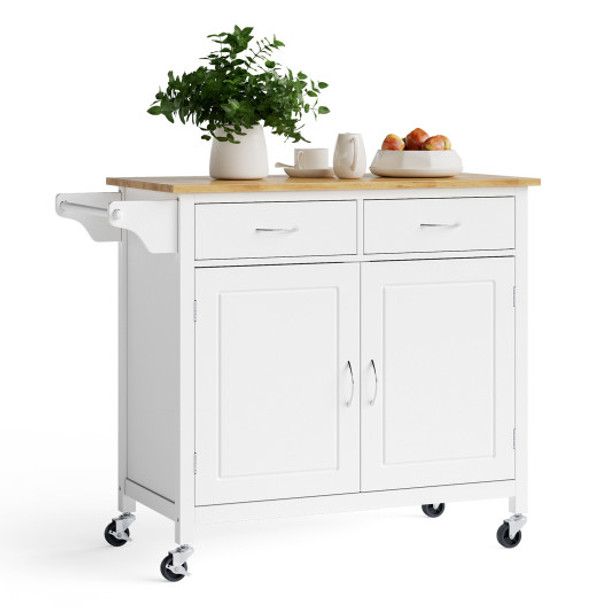 Modern Rolling Kitchen Cart Island with Wooden Top-White