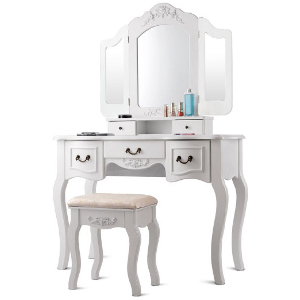 Tri Folding Vintage Vanity Makeup Dressing Table Set 5 Drawers Christmas Black-White