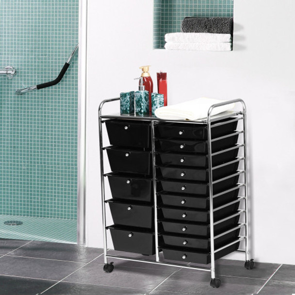 15-Drawer Utility Rolling Organizer Cart Multi-Use Storage-Black