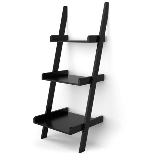 3 Tier Leaning Rack Wall Ladder Book Shelf Bookcase Storage Display Multipurpose-Black