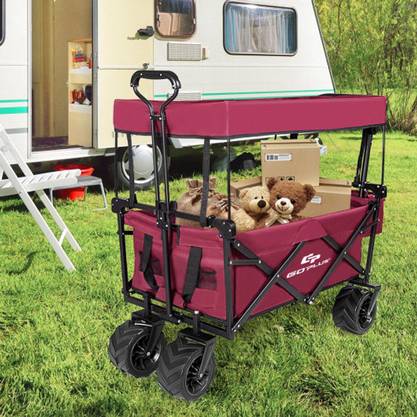 Collapsible Garden Folding Wagon Cart with Canopy-Wine