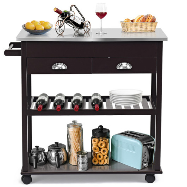 Stainless Steel Mobile Kitchen Trolley Cart With Drawers & Casters-Brown