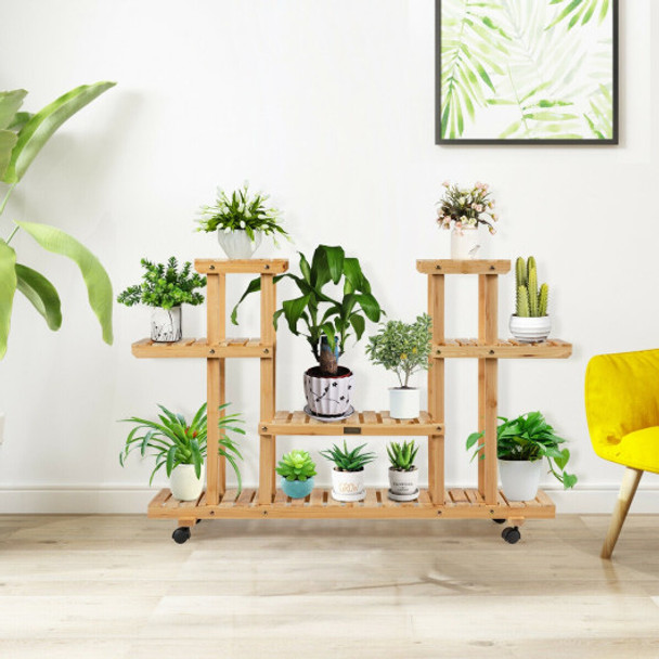 4-Tier Wood Casters Rolling Shelf Plant Stand-Natural