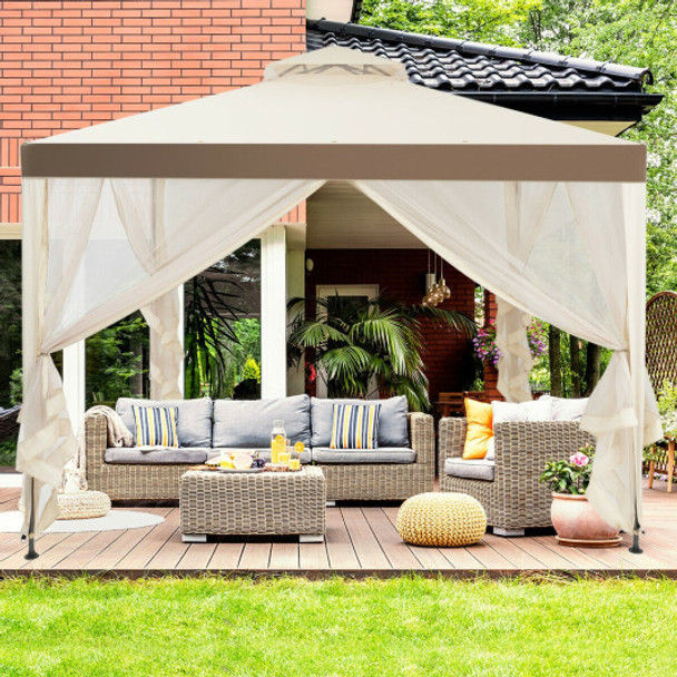 10 x 10 Feet Canopy Gazebo Tent Shelter With Mosquito Netting Outdoor Patio-Beige