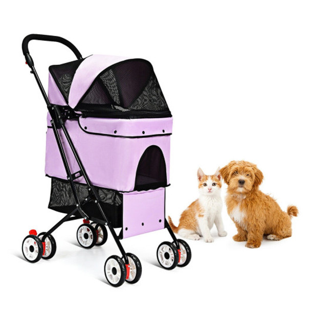 Pet Foldable Cage Stroller For Cat And Dog-Pink