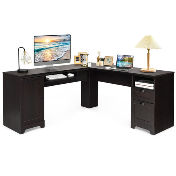 66 Inch L-Shaped Writing Study Workstation Computer Desk with Drawers-Coffee