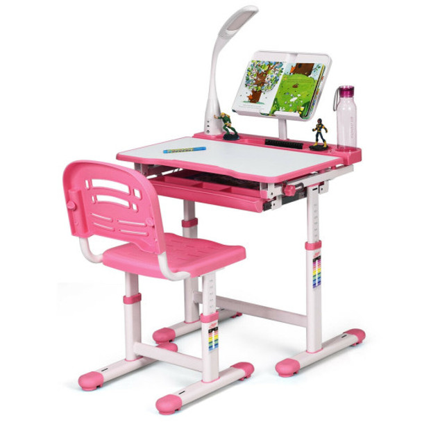 Adjustable Kids Desk Chair Set with Lamp and Bookstand-Pink