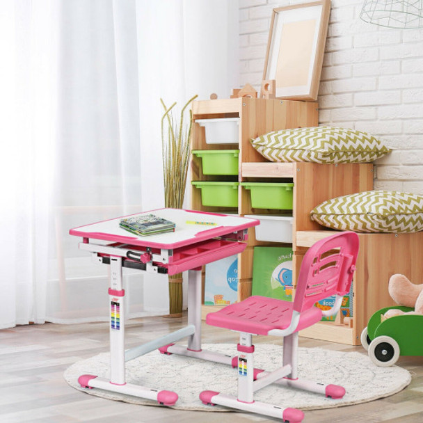 Adjustable Children Multifunctional Study Drawing Desk Chair Set-Pink